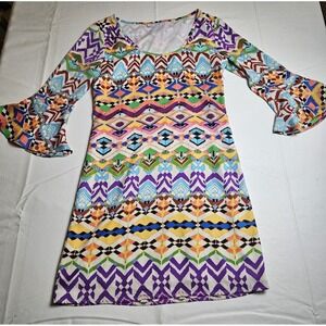 Ellie Kai Multi Color Boho Style Shift Dress Bell Sleeve Dress Size: XS